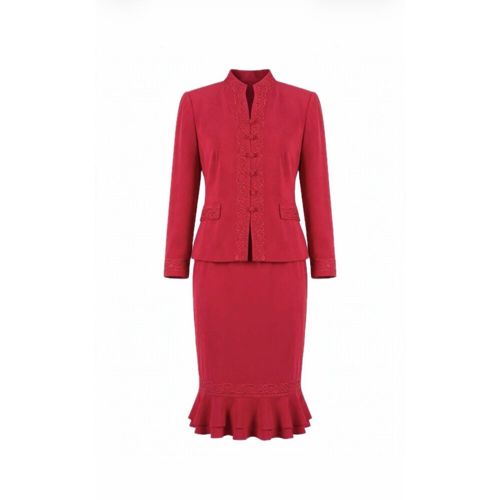 John Meyer 22W Red Embroidered Soutache Jacket Ruffle Skirt Suit Set